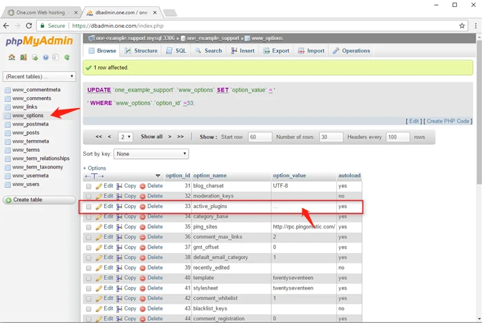 WordPress更新时网站崩溃并提示Fatal error: Uncaught Error的解决办法 - 2 disable wp plugins in phpmyadmin