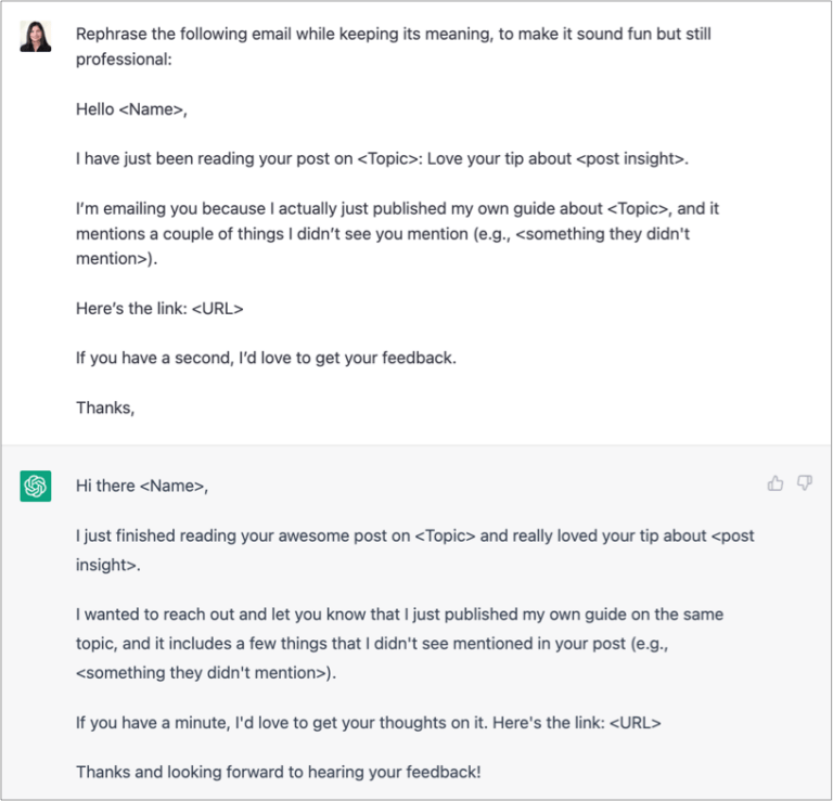 如何把ChatGPT应用在SEO/ASO工作中 - 19 reword outreach emails 1 768x739 1
