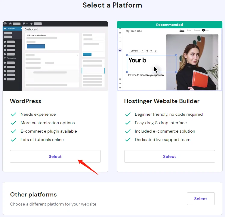 购买Hostinger主机及安装WordPress教程 | 2023初学者指南 - 11 select platform