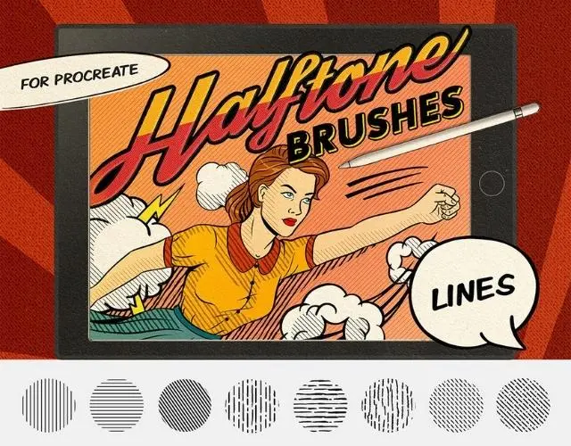 800+ 免费的 Procreate 笔刷下载 - 14 Halftone comic brushes