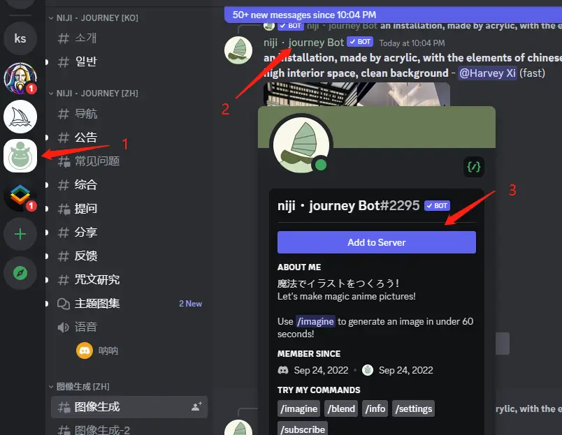 Midjourney 如何自己建服务器作画 - 7 add niji to server