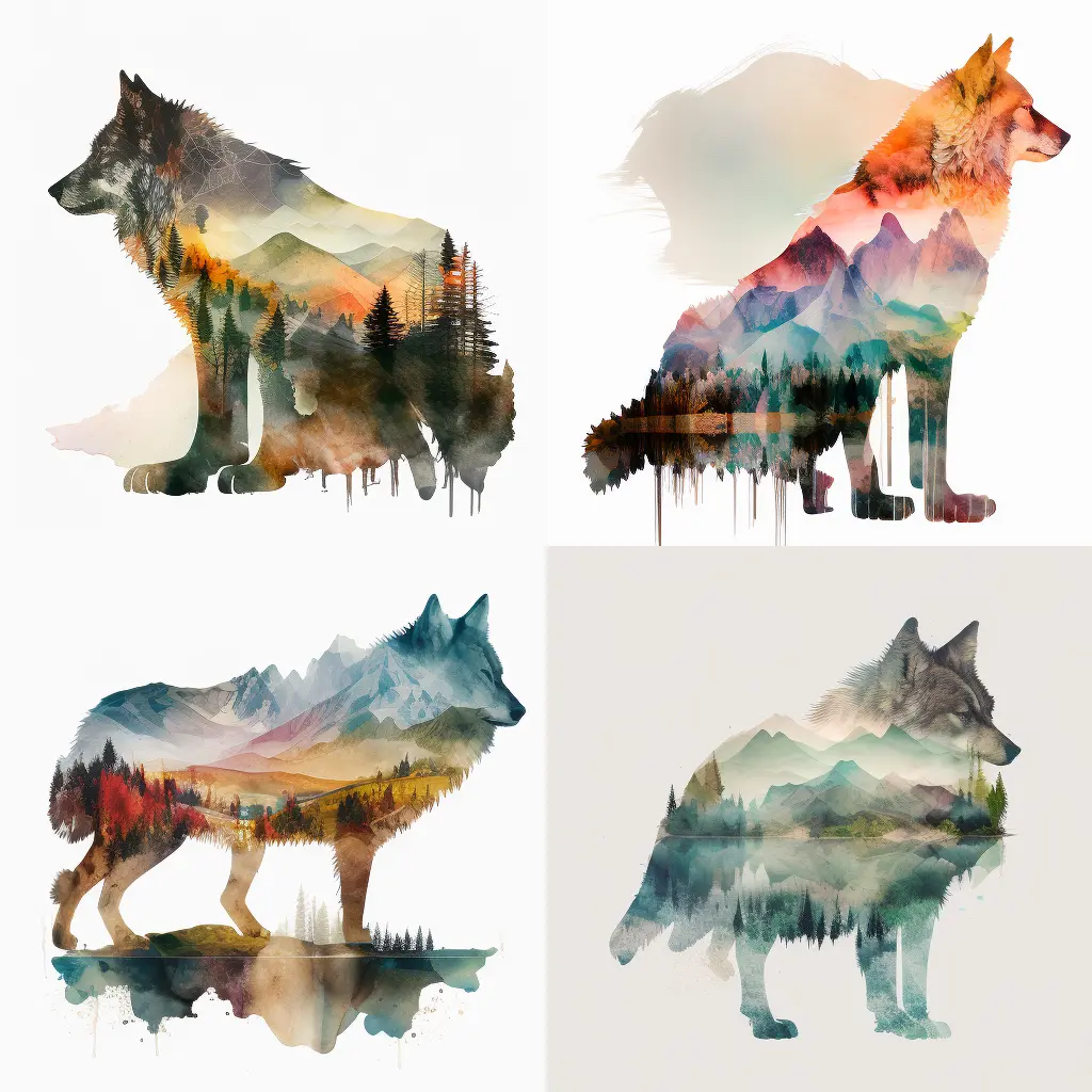 kerry Double exposure of a wolf and a mountain natural scenery f4f4f1f4 ff3f 4858 9a3f a1abc7a826f9