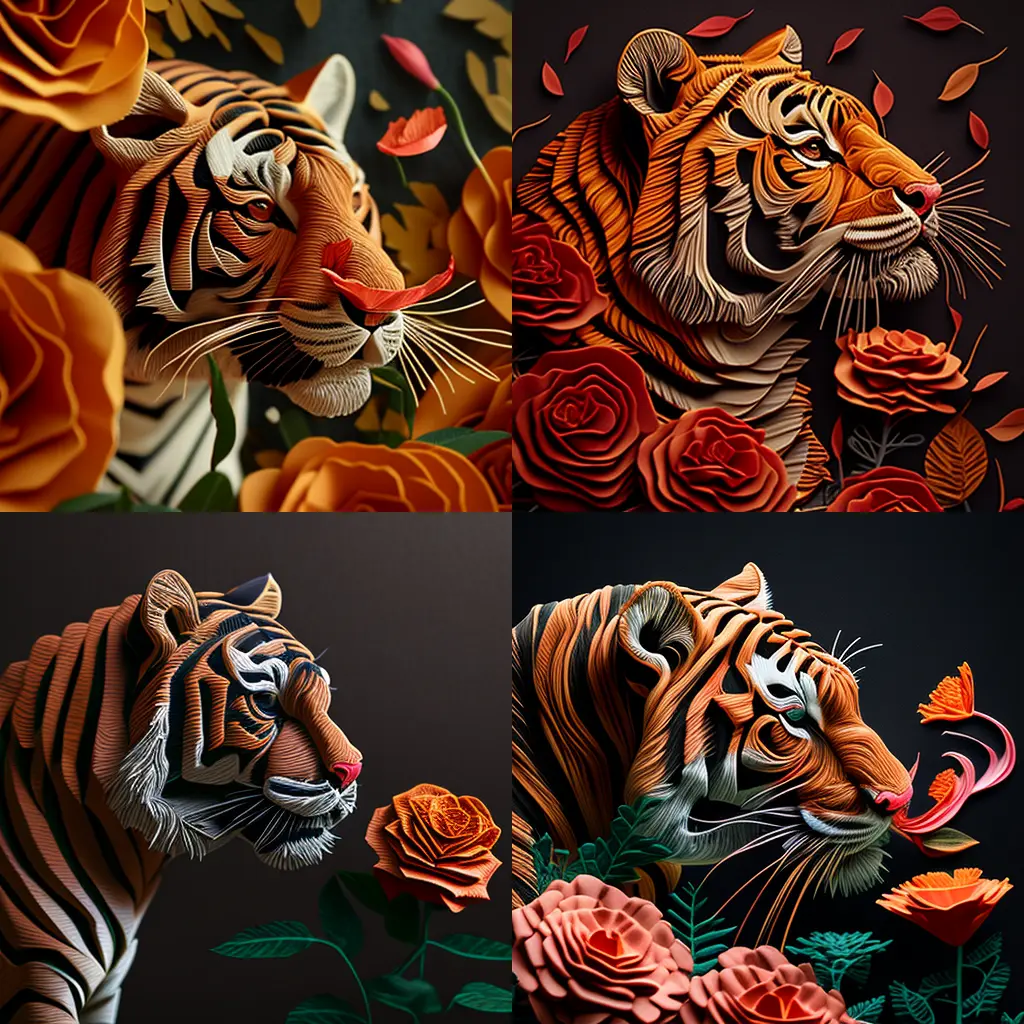 kerry Tiger sniffs roses paper quilling 903ec8c2 ef23 4580 89ba b1612d991196
