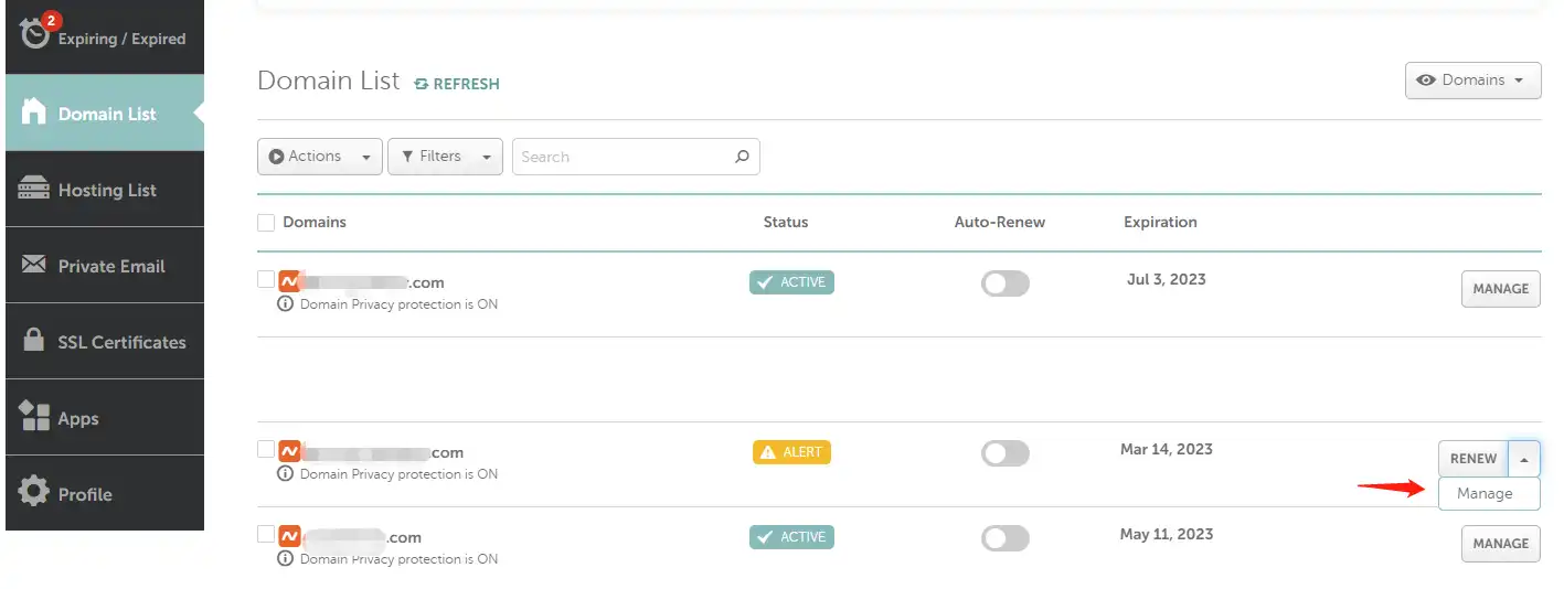 如何把域名从Namecheap转移到Namesilo - 2 namecheap manage domains