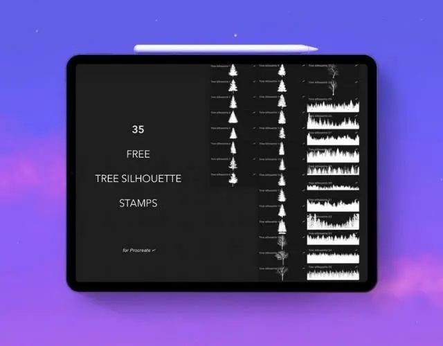 800+ 免费的 Procreate 笔刷下载 - 8 tree silhouette stamps