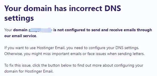 手动配置 Hostinger 邮箱的域名 - 2 your domain has incorrect dns settings