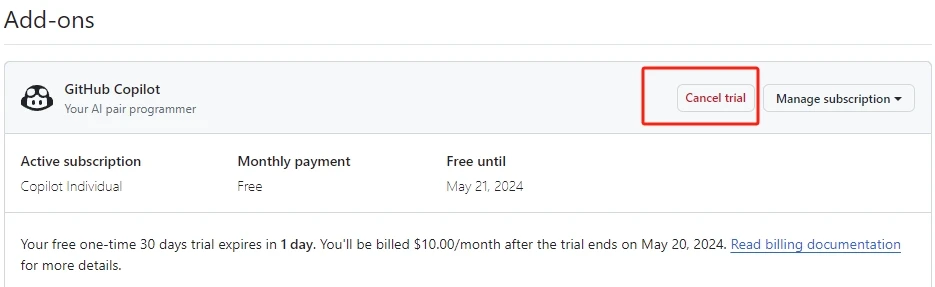 怎么取消 Github Copolit 的免费试用 - 3 cancel github copilot plan