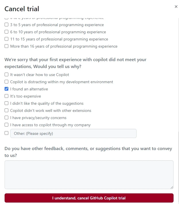 怎么取消 Github Copolit 的免费试用 - 4 survey github copilot