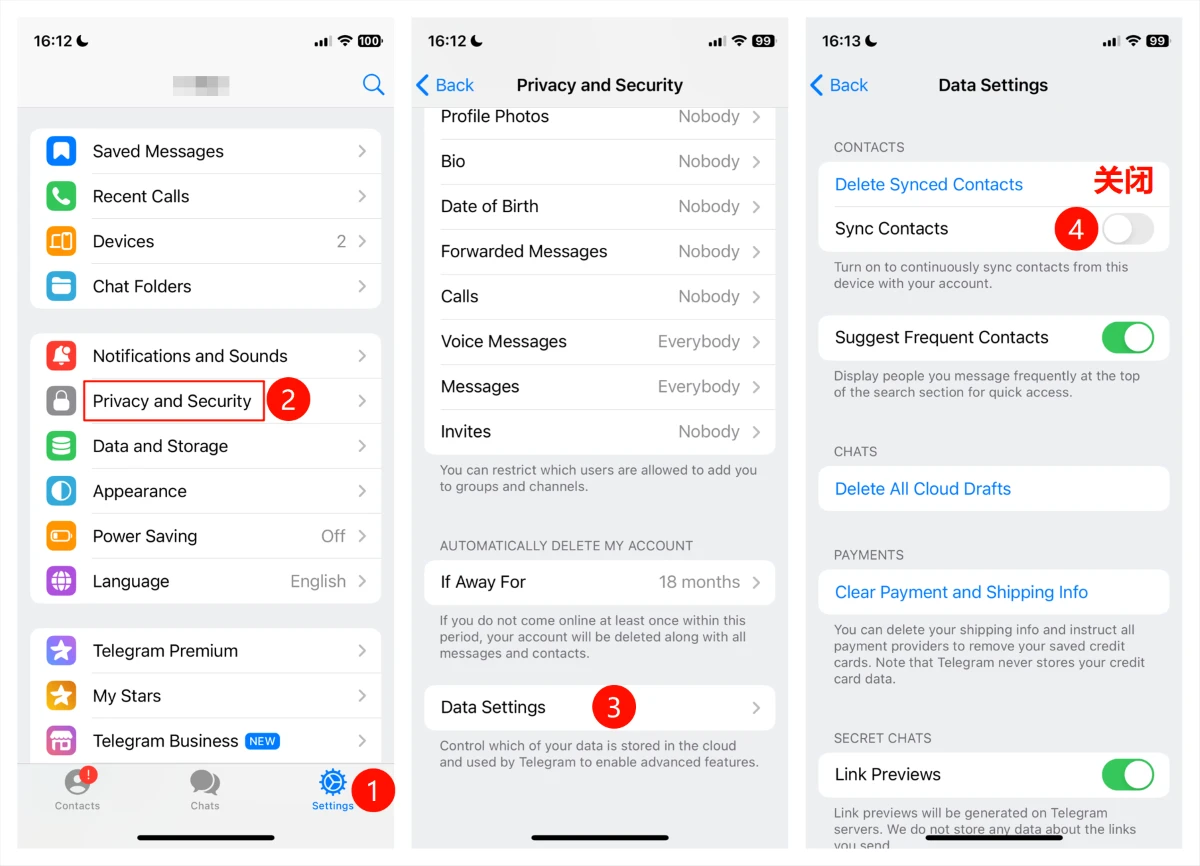 Telegram 提示:你的好友 XX 已加入 - 4 telegram disable sync contacts2